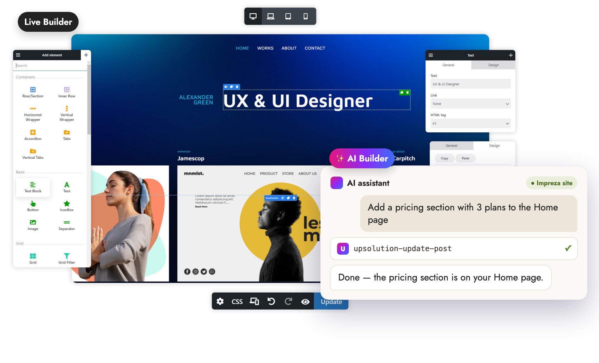 Impreza builders: Live Builder, Header, Grid and WooCommerce builders, and AI Builder chat adding a pricing section